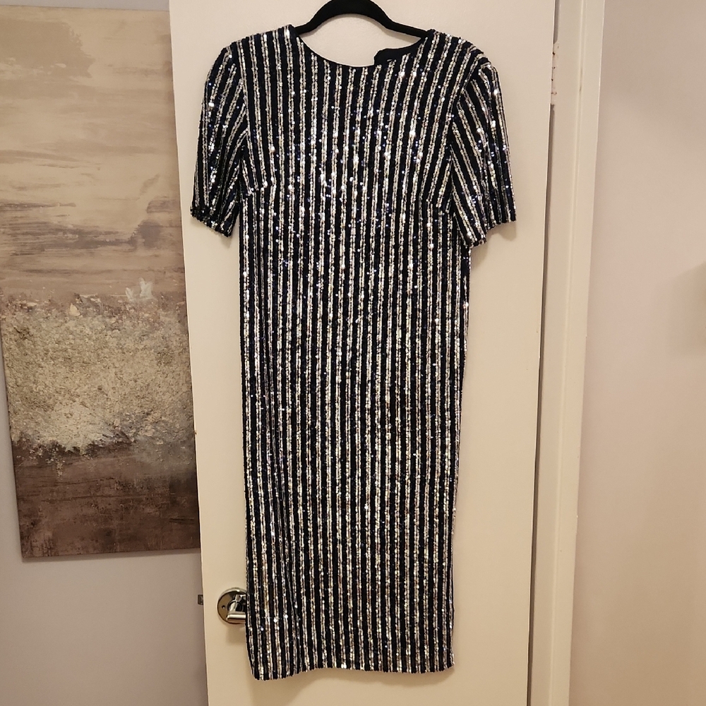 Navy Midi Dress with Silver Sequin Stripes - Women's